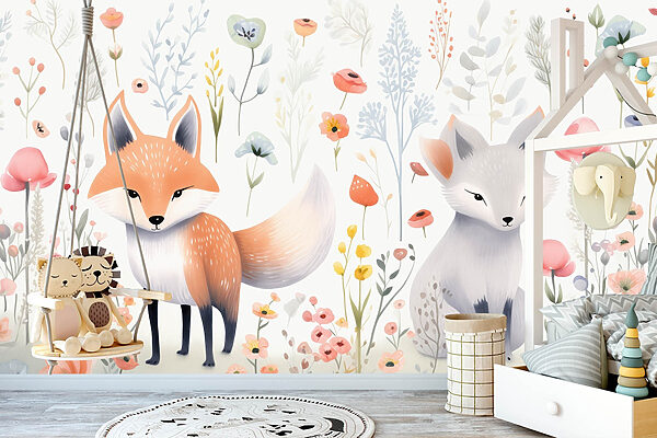 Couple of foxes in a flower garden Couple of foxes in a flower garden