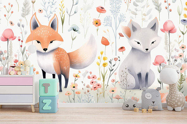 Couple of foxes in a flower garden Couple of foxes in a flower garden