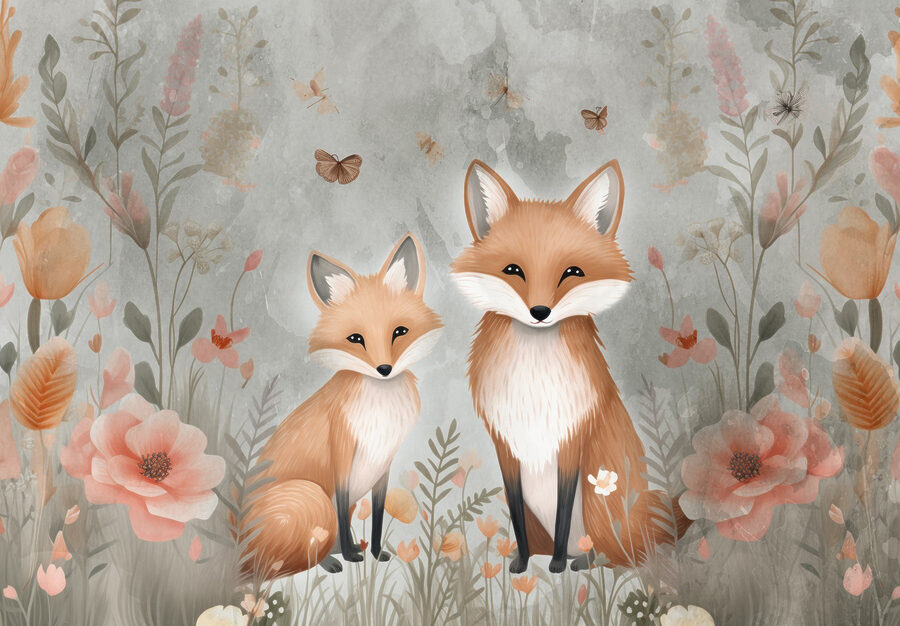Two foxes in a field of flowers