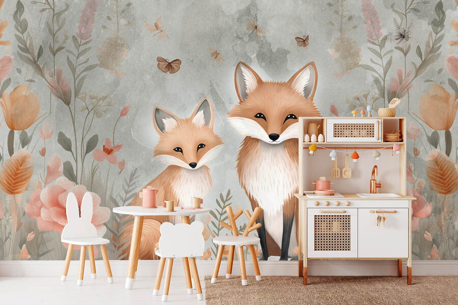 Two foxes in a field of flowers