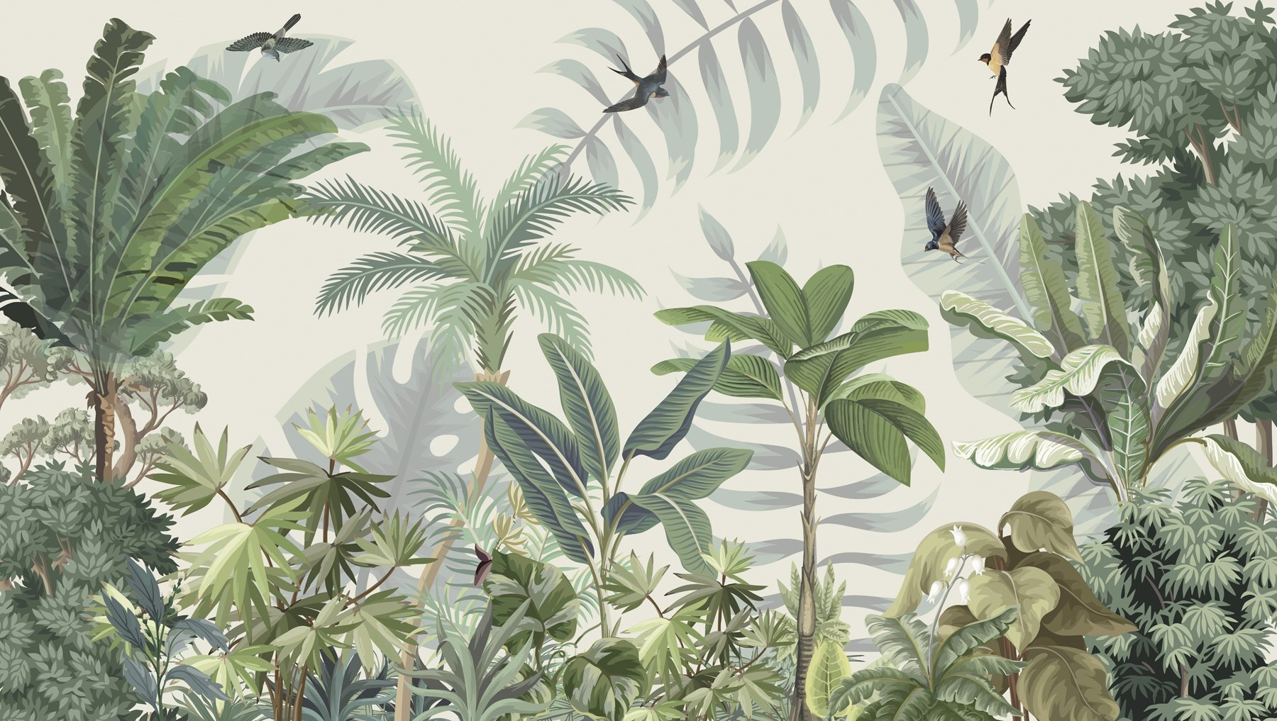 Wallpaper with tropical plants and birds w03252p - Wallpaper with tropical plants and birds