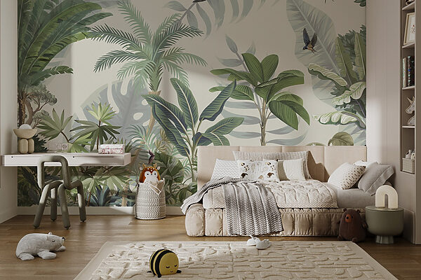 Wallpaper with tropical plants and birds w03252pir17mr 600x400 - Wallpaper with tropical plants and birds