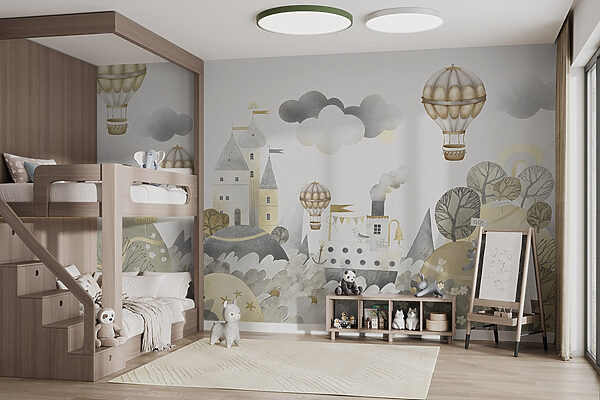 Watercolor painting of a castle and hot air balloons Watercolor painting of a castle and hot air balloons
