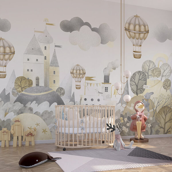 Watercolor painting of a castle and hot air balloons Watercolor painting of a castle and hot air balloons