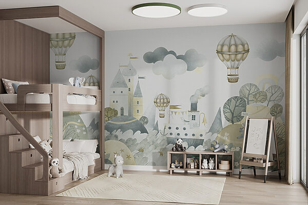 Watercolor painting of a castle and hot air balloons Watercolor painting of a castle and hot air balloons