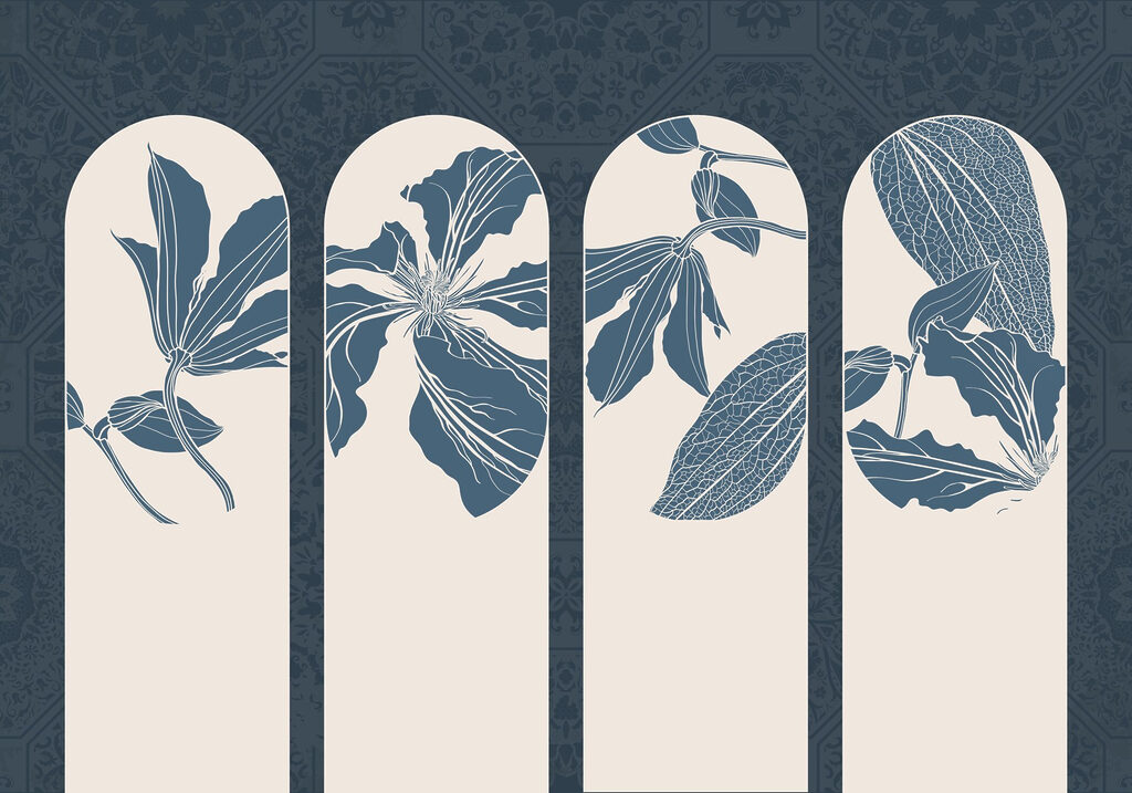 Group of white and blue floral designs Group of white and blue floral designs