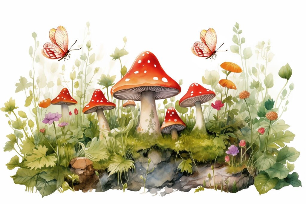 Painting of mushrooms and butterflies Painting of mushrooms and butterflies