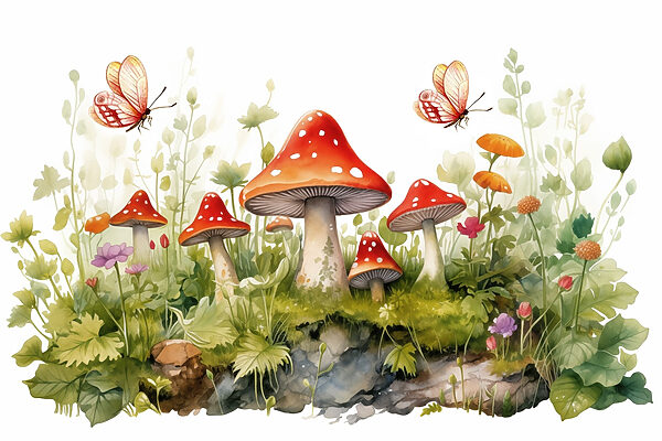 Painting of mushrooms and butterflies Painting of mushrooms and butterflies