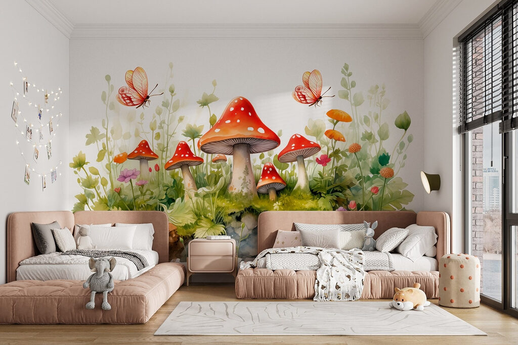 Painting of mushrooms and butterflies Painting of mushrooms and butterflies