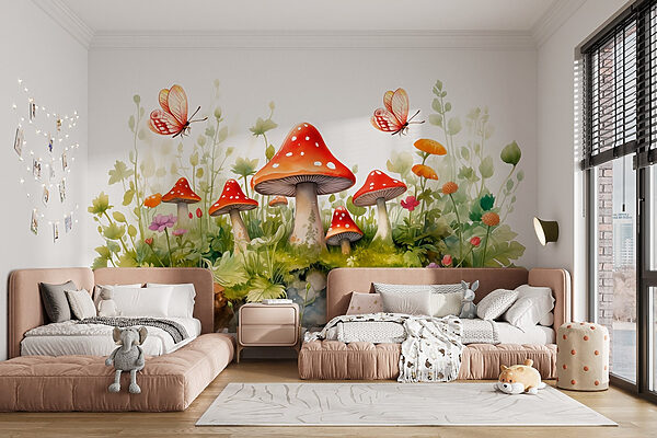 Painting of mushrooms and butterflies Painting of mushrooms and butterflies