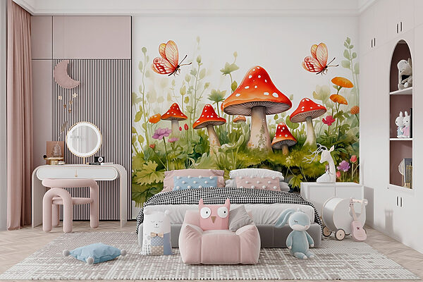 Painting of mushrooms and butterflies Painting of mushrooms and butterflies