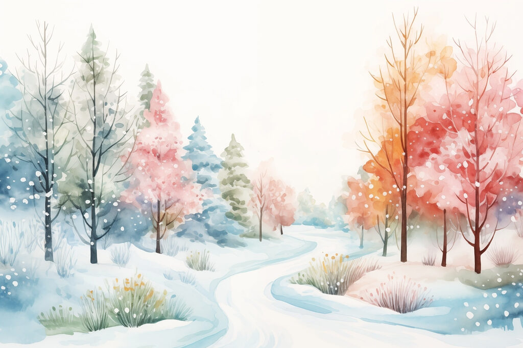 Watercolor painting of a snowy road with trees Watercolor painting of a snowy road with trees