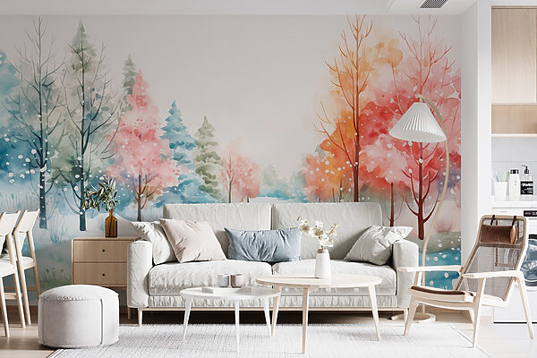Watercolor painting of a snowy road with trees Watercolor painting of a snowy road with trees