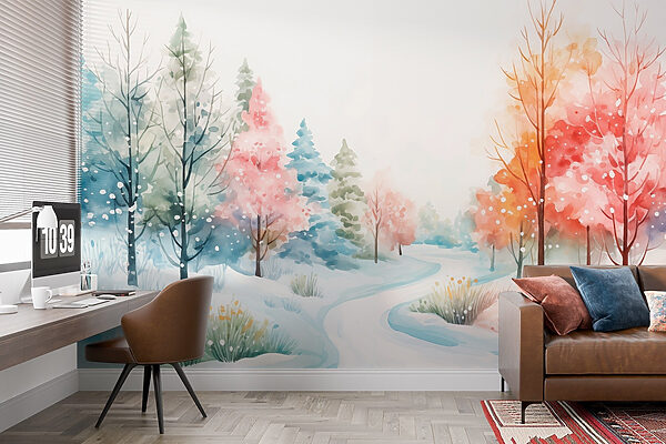 Watercolor painting of a snowy road with trees Watercolor painting of a snowy road with trees