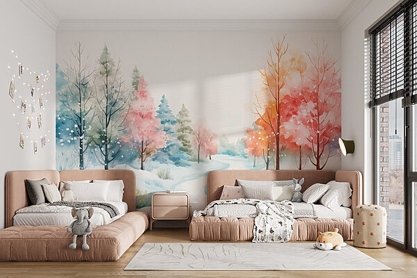 Watercolor painting of a snowy road with trees Watercolor painting of a snowy road with trees