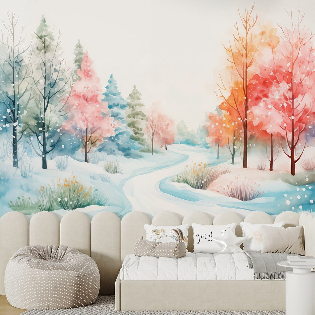 Watercolor painting of a snowy road with trees Watercolor painting of a snowy road with trees