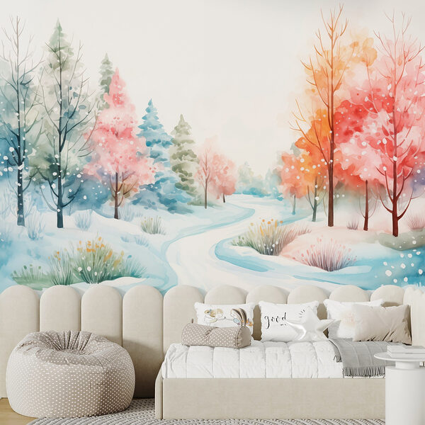 Watercolor painting of a snowy road with trees Watercolor painting of a snowy road with trees