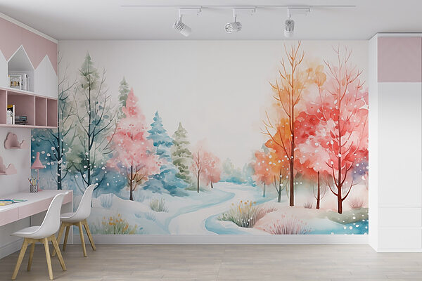 Watercolor painting of a snowy road with trees Watercolor painting of a snowy road with trees