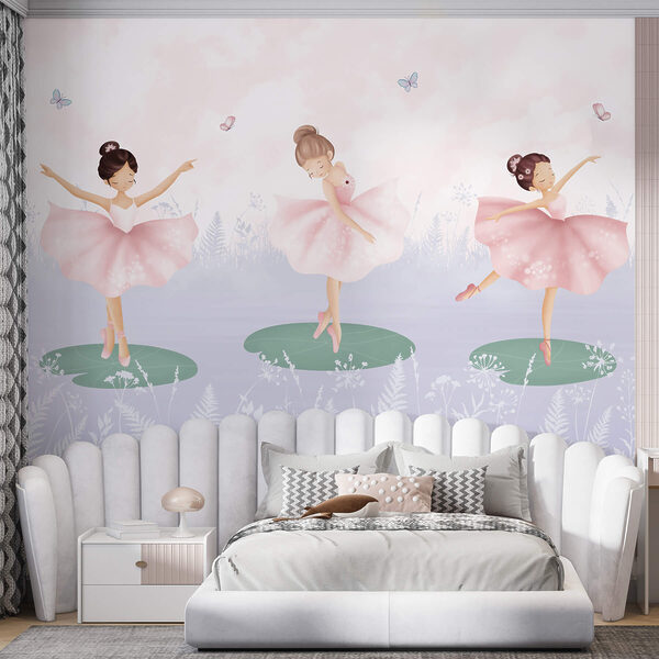 Group of girls in tutu skirts dancing on lily pads Group of girls in tutu skirts dancing on lily pads