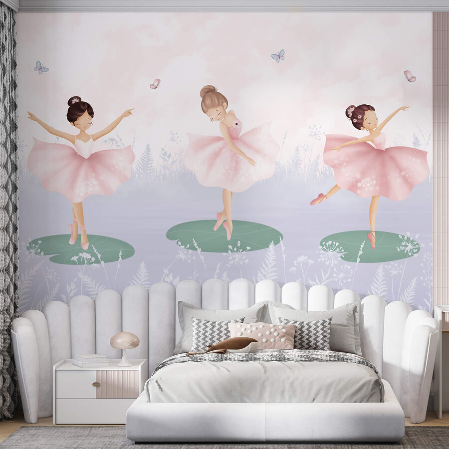 Wall murals Group of girls in tutu skirts dancing on lily pads