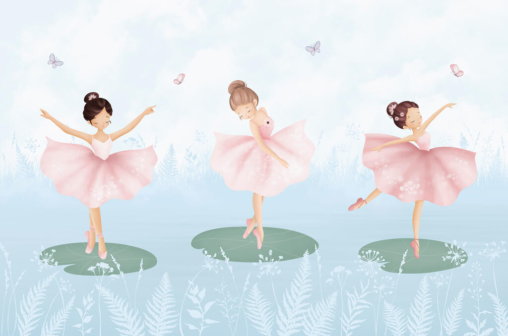 Group of girls in pink tutu dancing on lily pads Group of girls in pink tutu dancing on lily pads