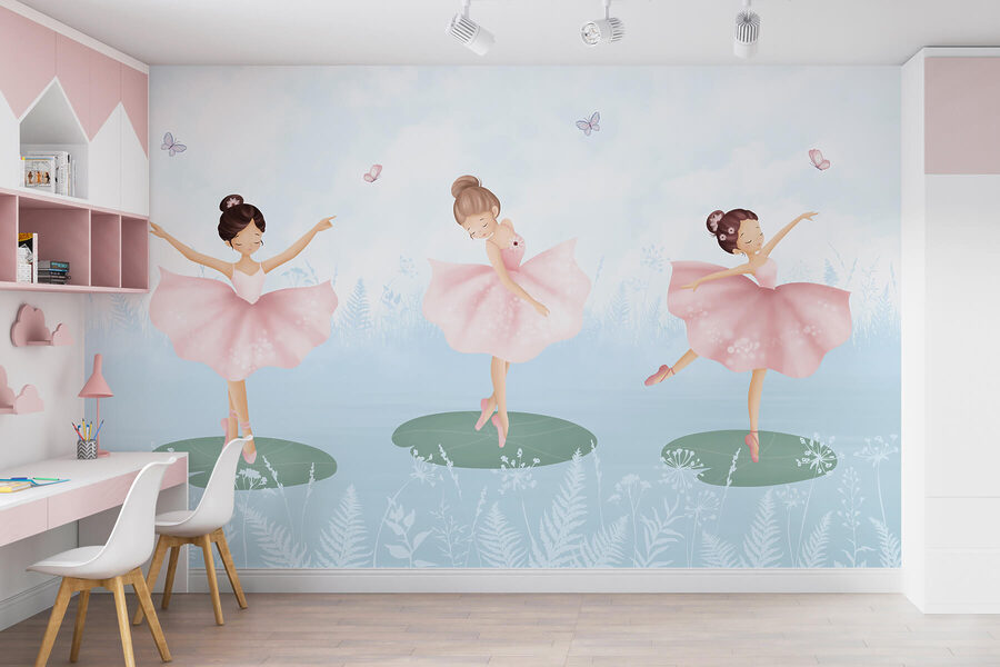 Group of girls in pink tutu dancing on lily pads Group of girls in pink tutu dancing on lily pads