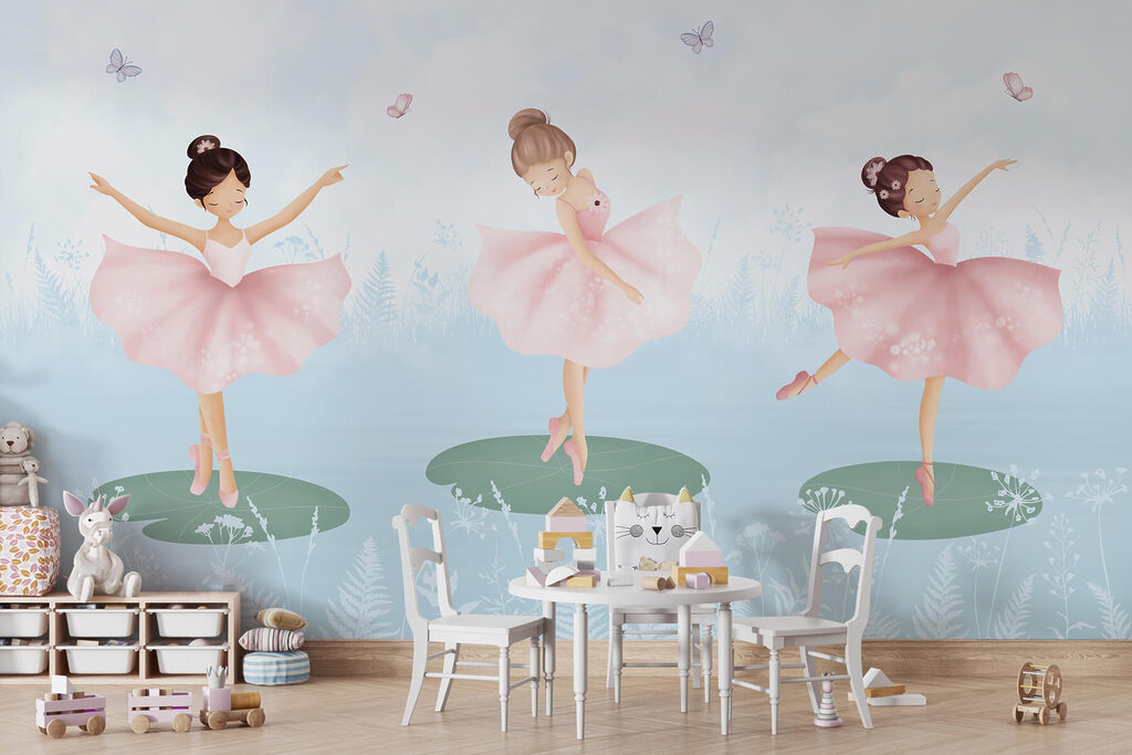 Group of girls in pink tutu dancing on lily pads Group of girls in pink tutu dancing on lily pads