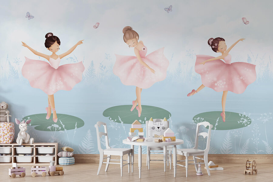 Group of girls in pink tutu dancing on lily pads Group of girls in pink tutu dancing on lily pads