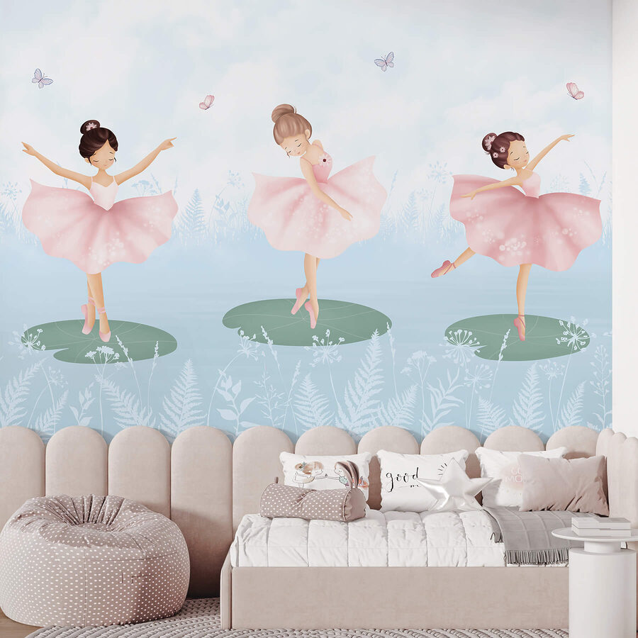 Group of girls in pink tutu dancing on lily pads Group of girls in pink tutu dancing on lily pads