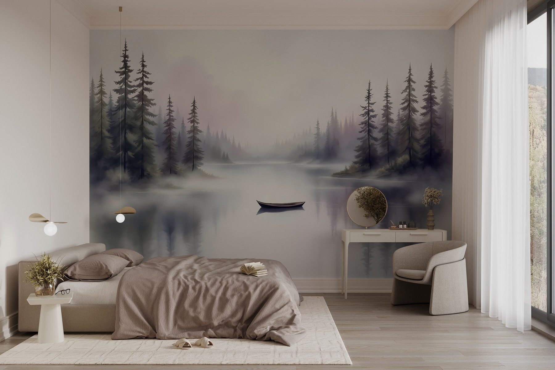 Boat on a lake with trees in the background