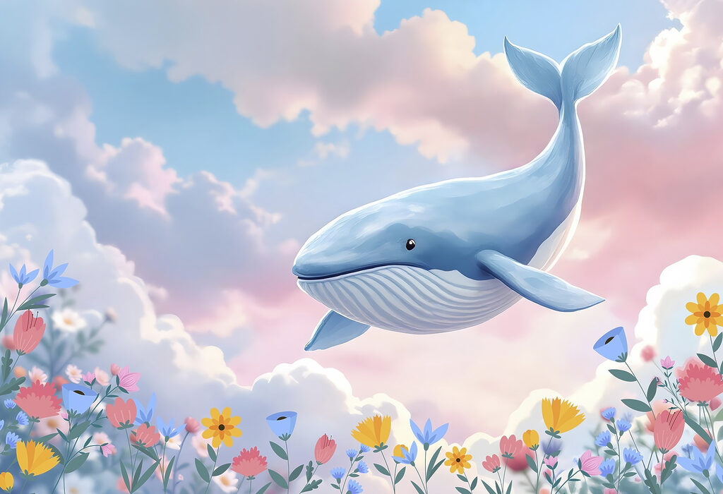 Whale flying over flowers Whale flying over flowers