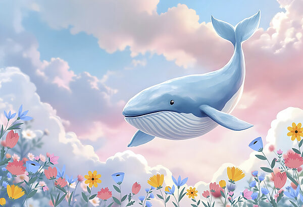Whale flying over flowers Whale flying over flowers