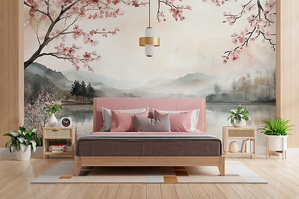 Watercolor painting of a lake with trees and mountains Watercolor painting of a lake with trees and mountains