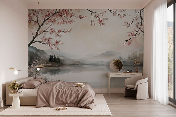 Watercolor painting of a lake with trees and mountains Watercolor painting of a lake with trees and mountains