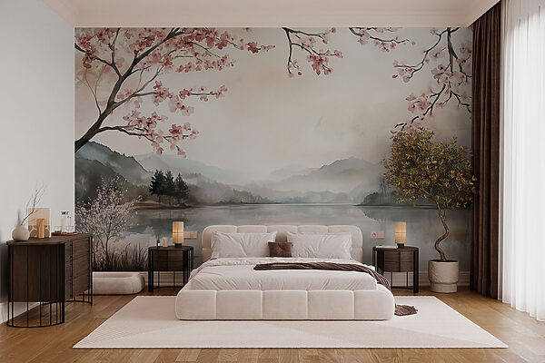 Watercolor painting of a lake with trees and mountains Watercolor painting of a lake with trees and mountains