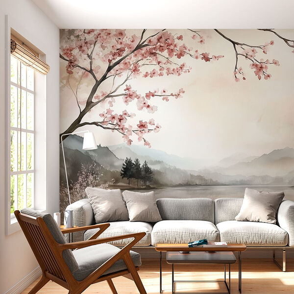 Watercolor painting of a lake with trees and mountains Watercolor painting of a lake with trees and mountains
