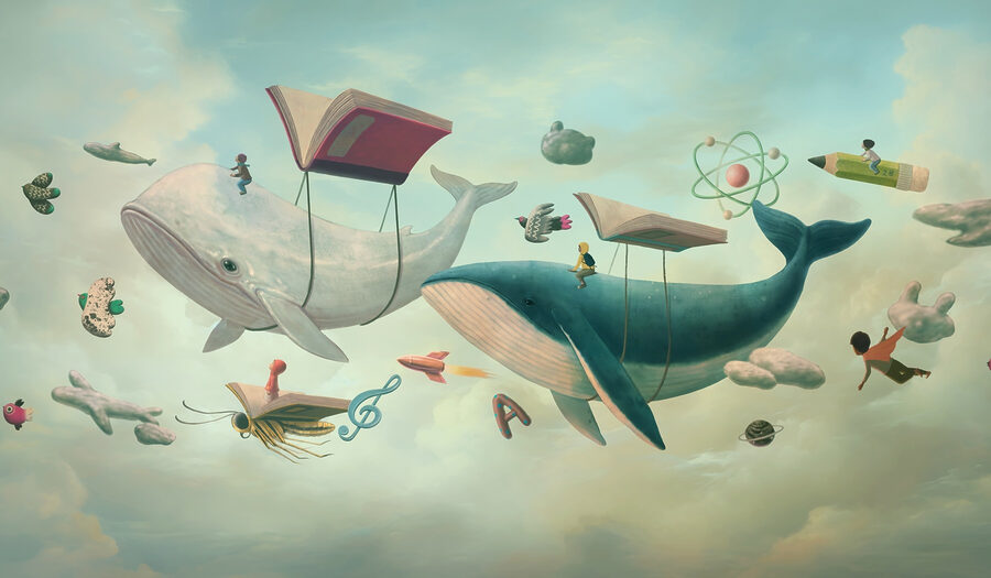 Whale and whale with books and a book on them