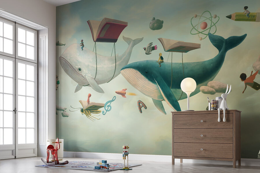 Whale and whale with books and a book on them