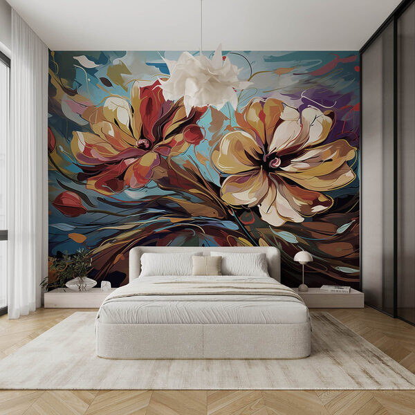 Painting of flowers on a blue background Wall murals Painting of flowers on a blue background