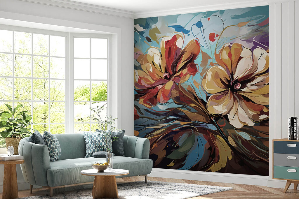 絵画 Flowerwall Wall murals Painting of flowers on a blue background : w08863