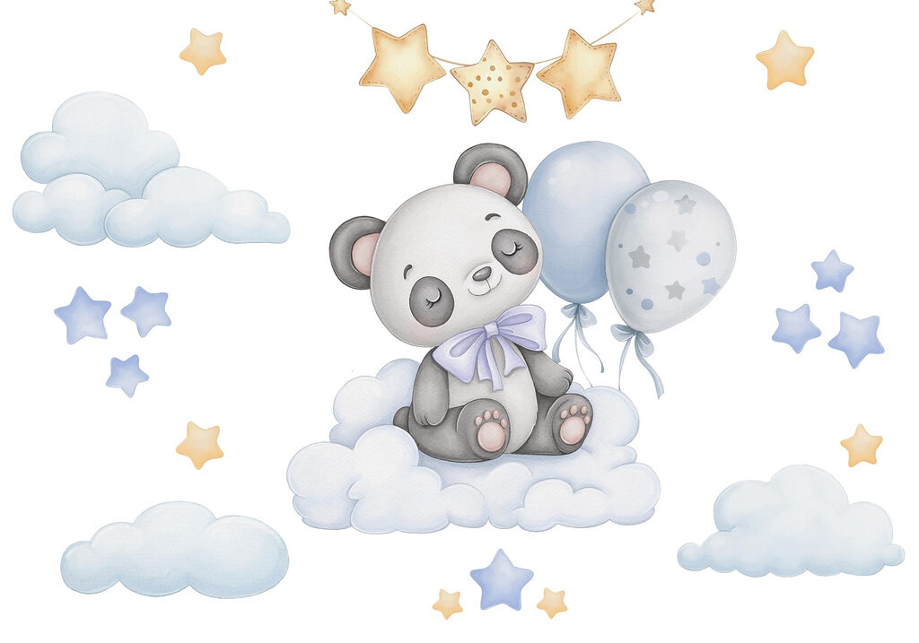 Cartoon panda sitting on a cloud with balloons Cartoon panda sitting on a cloud with balloons