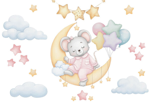 Mouse sitting on the moon with balloons Mouse sitting on the moon with balloons
