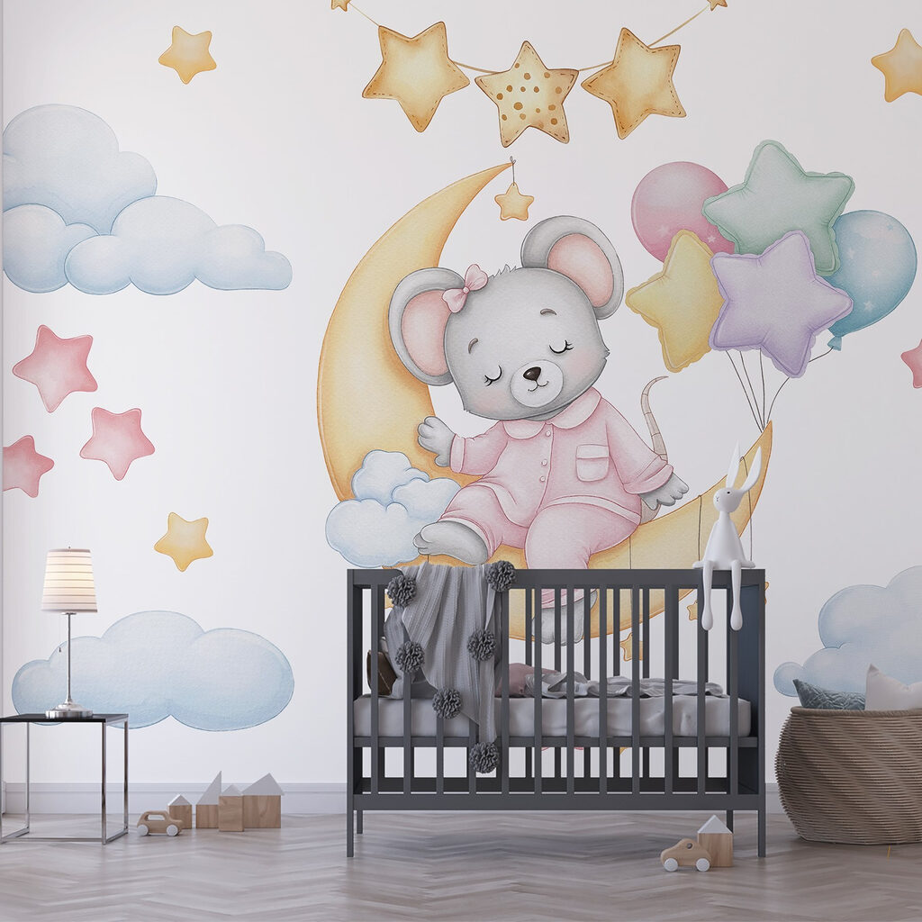 Mouse sitting on the moon with balloons