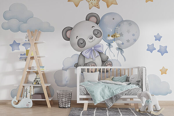 Cartoon panda sitting on a cloud with balloons Cartoon panda sitting on a cloud with balloons