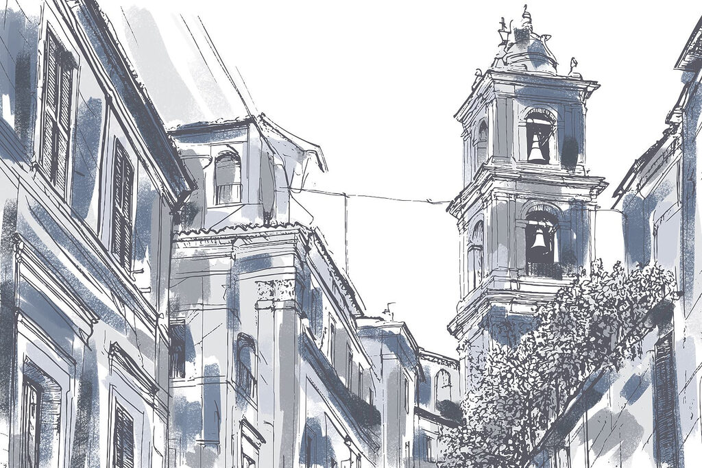 Drawing of a building with bells Drawing of a building with bells