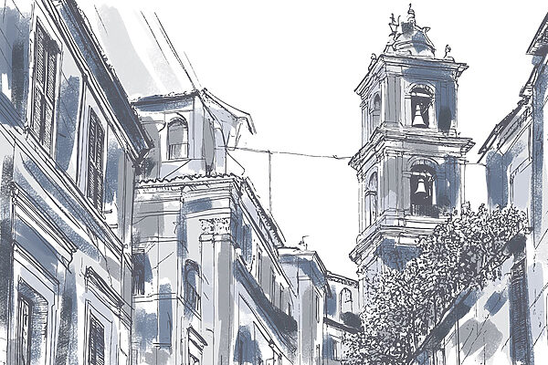 Drawing of a building with bells Drawing of a building with bells