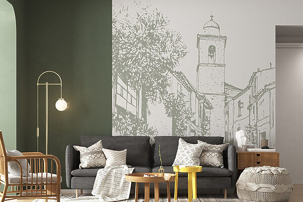 Drawing of a street with buildings and a bell tower Drawing of a street with buildings and a bell tower