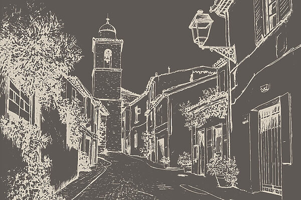 Drawing of a street with buildings and a bell tower Drawing of a street with buildings and a bell tower