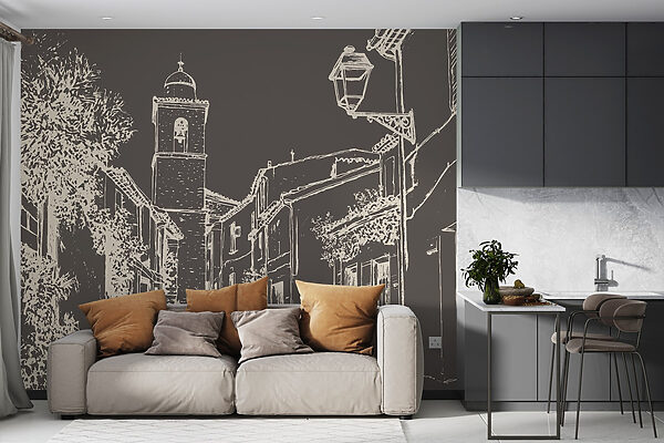 Drawing of a street with buildings and a bell tower Drawing of a street with buildings and a bell tower