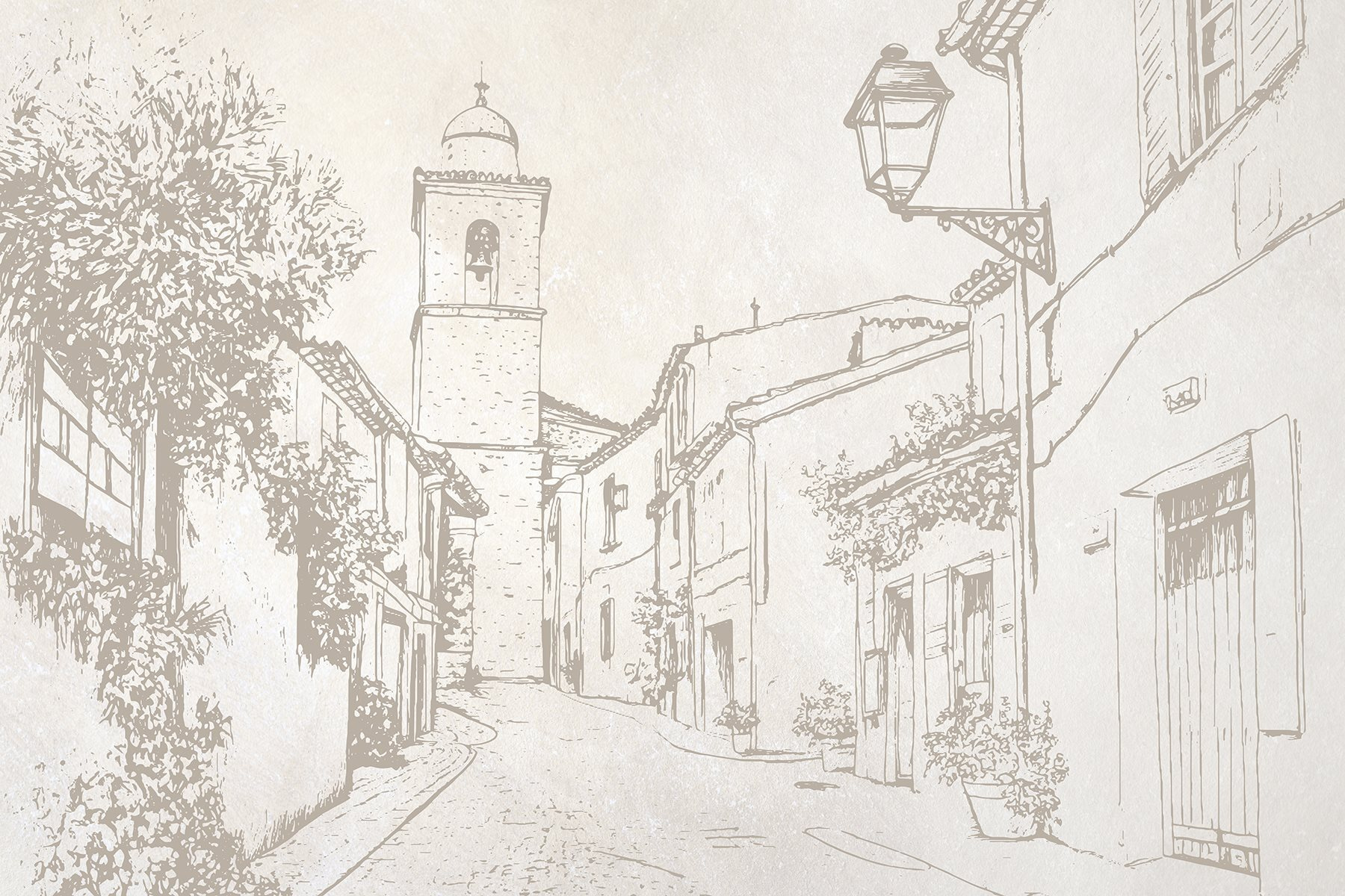 Drawing of a street with a bell tower